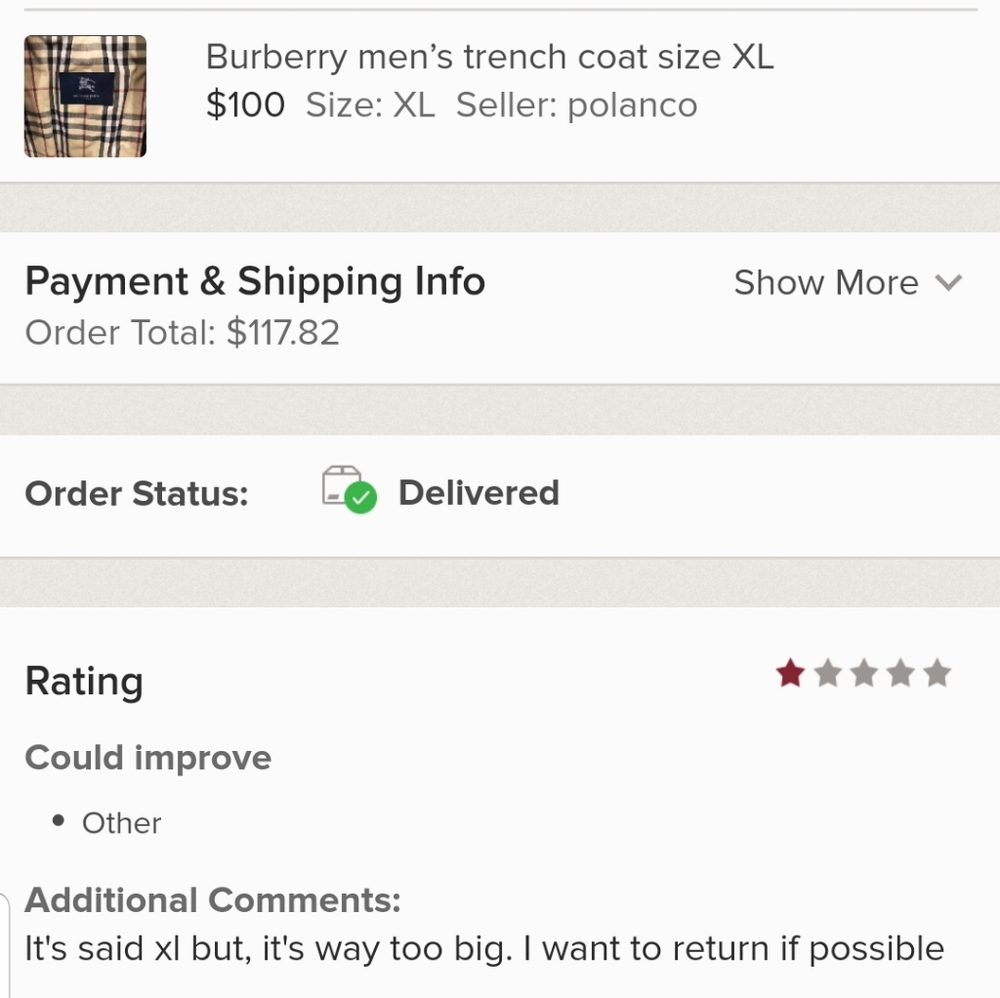 Burberry men’s trench coat size XL